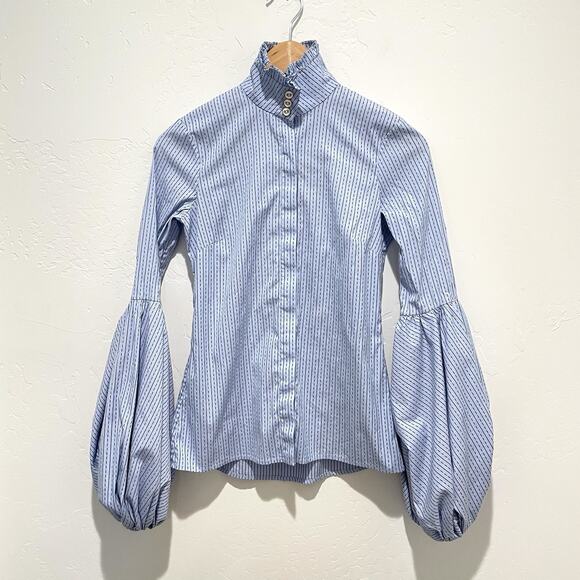 Caroline Costas Jacqueline Poof Sleeve Button Up Top Womens XS Blue Stripe - Picture 1 of 10